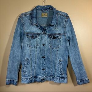 For King & Country Washed Blue Denim Trucker Jacket; Priceless; Floral Design; M